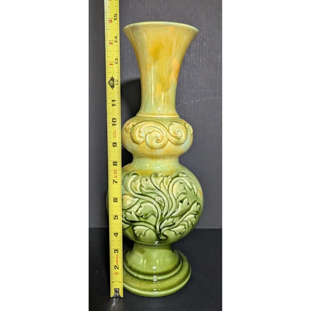 Vtg Haeger Baluster Vase Raised Acanthus Leaves Glossy Yellow & Green Drip Glaze